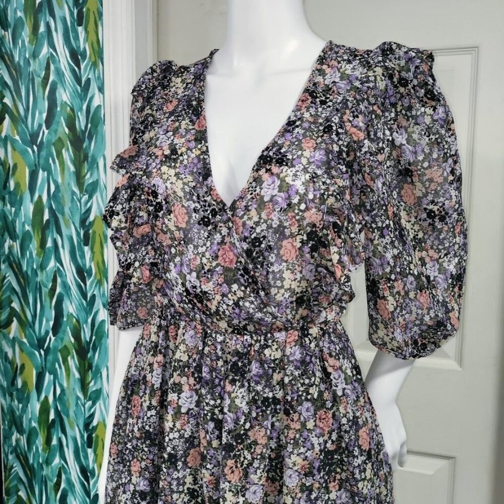 Noella Whimsy Fluttery Twee Ruffle Velvet Burnout Faux Wrap Sheer Dress S - Picture 10 of 13